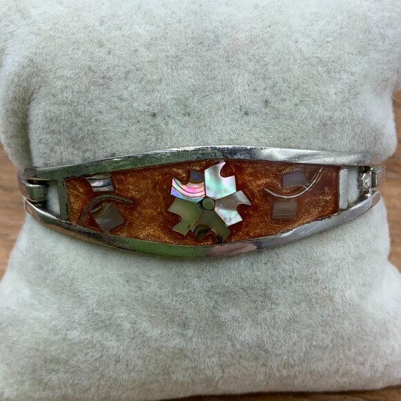Alpaca Mexico Burnt Orange Silver Mother of Pearl Flower Bangle Hinged Bracelet - Picture 1 of 7